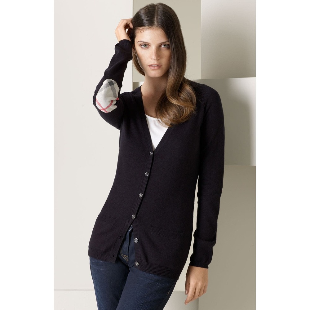 Burberry Brit Elbow Patch Cardigan Sweater Black Nova Check S Cotton Cashmere